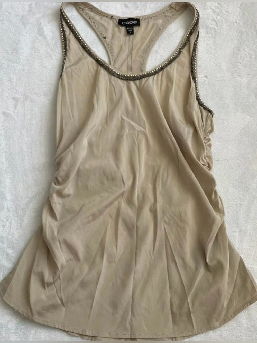 BEBE Y2K Tank Top Women’s S Beaded Runched 2000’s Bella Swan Vintage 00s Chic